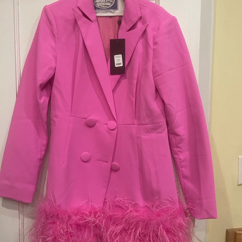 Fashion Nova Pink Feather Trim Blazer